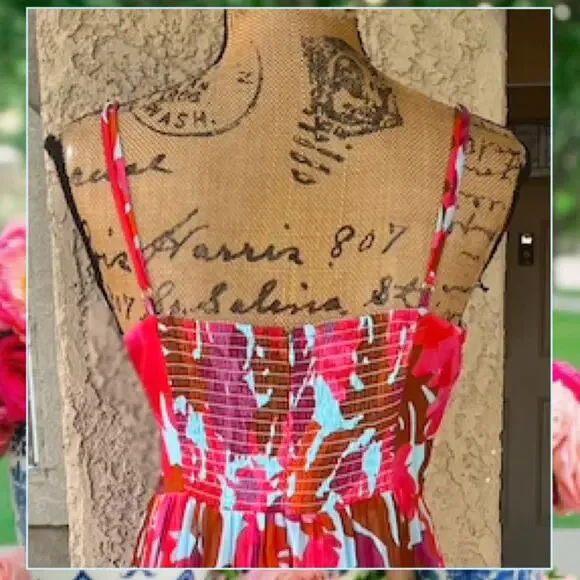 Petal & Pup Red Pink Orange Floral Pleated Maxi Dress - Picture 5 of 14